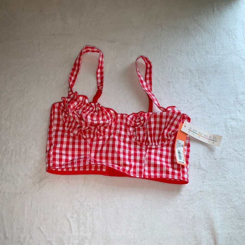 Colsie red‎ and white gingham check picnic cotton longline bra bralette XS new